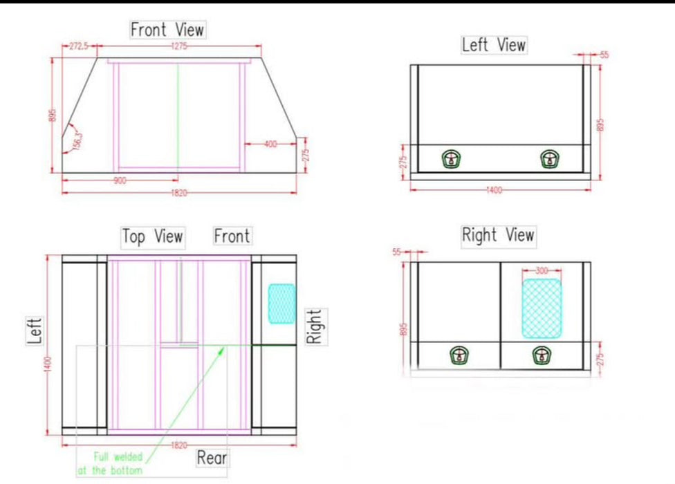 1400 x 1820 x 895mm Checker Plate with Quarter Dog Box