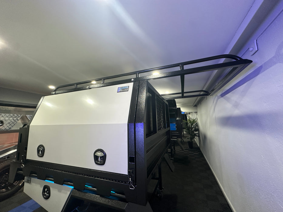 E5 - 4x4 Tray + 1500mm Lift off Canopy + Roof Rack, Jerry Can, Tyre Holder, Ladder, Undertrays (Display)