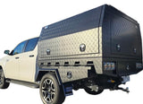 Showing a Eureka Canopie package that features an aluminium tray, canopy, under tray tool boxes and a rear trundle drawer